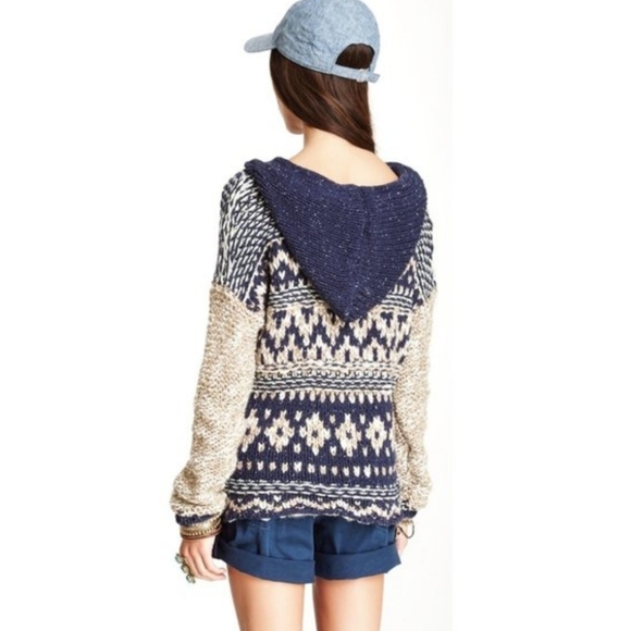 Free People Fairisle Hooded Sweater High Low Hem Oversized XS Navy Cream NWT - Picture 11 of 16